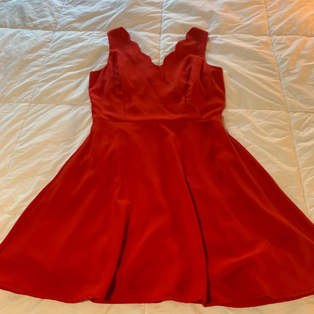 Red V-Neck Scalloped Mini Dress